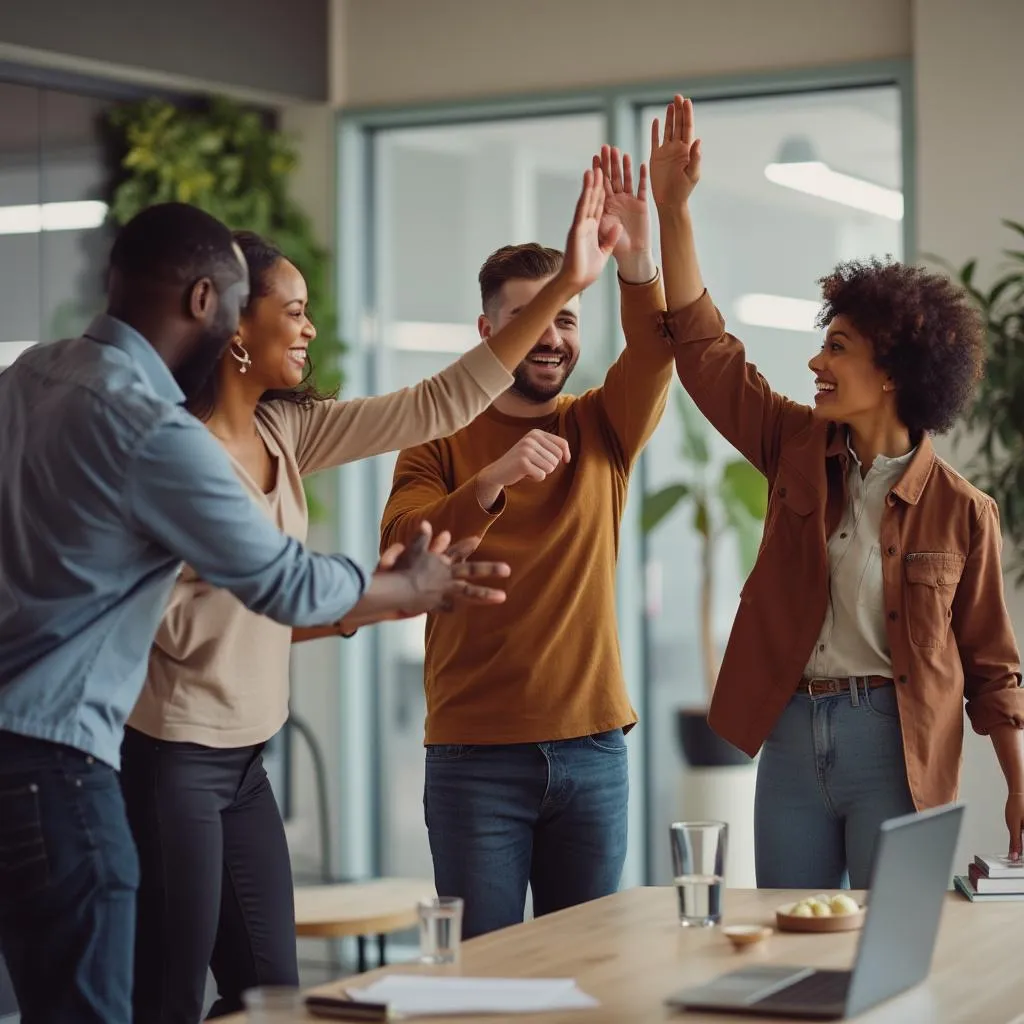 Celebración del equipo FinanzasHoy tras alcanzar un hito importante