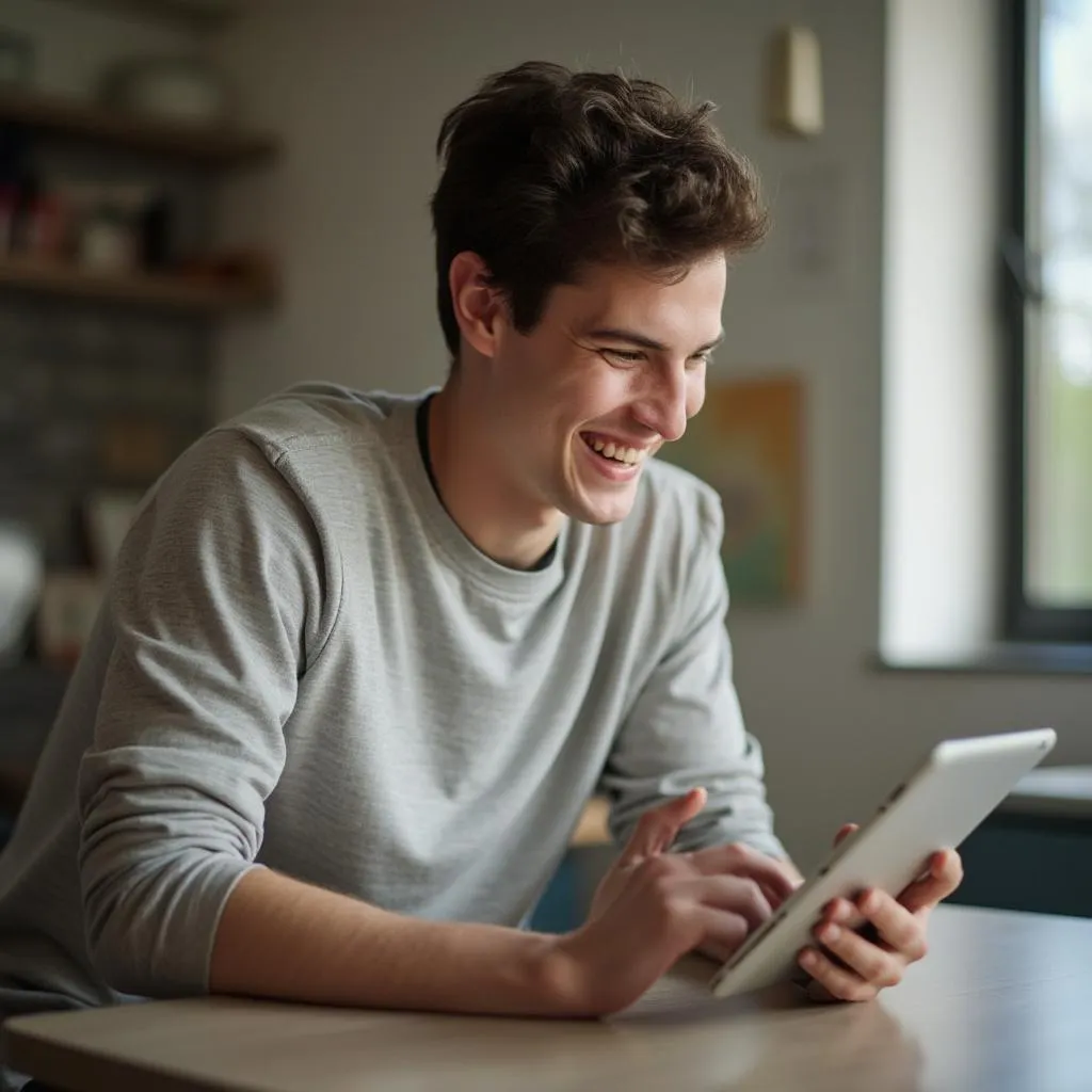 Un alumno sonriendo mientras revisa sus progresos financieros en una tablet